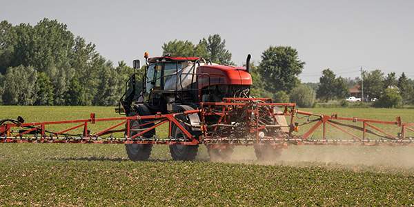 A red case sprayer drives through a field of corn seedlings int he spring.